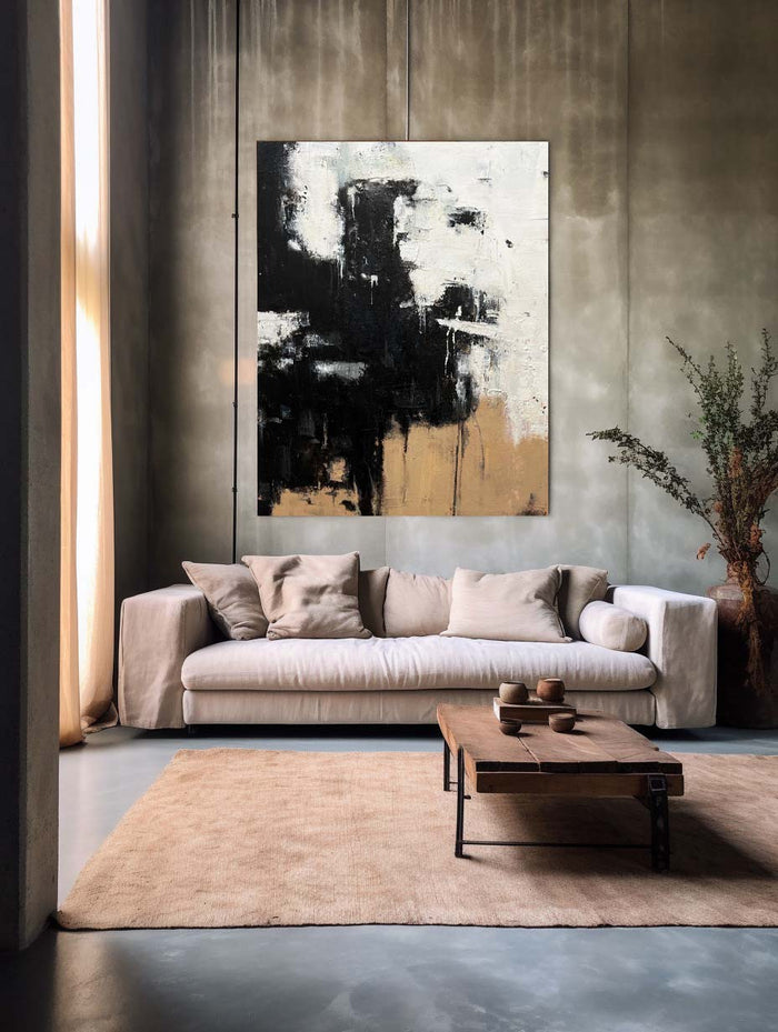 Modern Black Beige Abstract Painting Vintage Canvas Wall Art Black Beige Minimalist Abstract Art