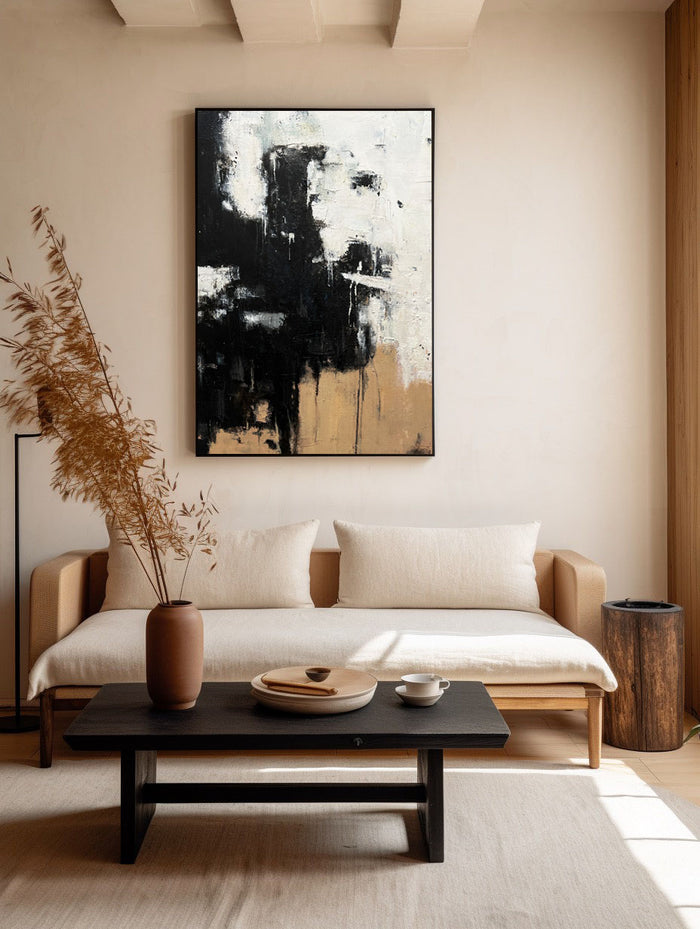 Modern Black Beige Abstract Painting Vintage Canvas Wall Art Black Beige Minimalist Abstract Art