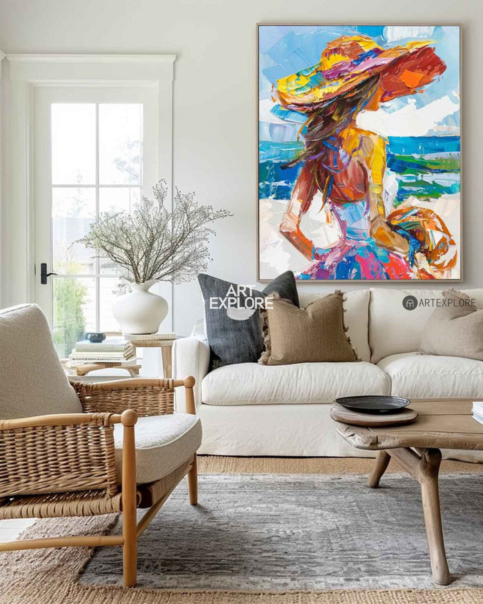 Girl On The Ocean Abstract Oil Painting, Joyful Woman At A Hawaiian Beach Art, Unique Colorful Art