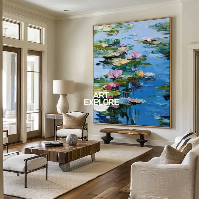 Blue Lotus Wall Art Painting Lage Water Lily Impressionist Painting Blue Texture Wall Art for Sale