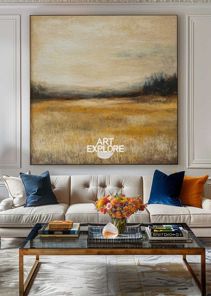 Autumn Fields Painting Landscape Wall Art Deep Beige Fields View Painting Large Art For Livingroom