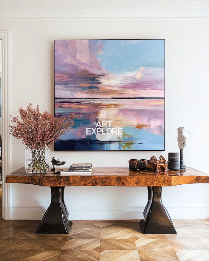 Large Blue Lake Wall Art Texture Wonderland Wall Art Modern Minimalist Landscape Painting For Sale