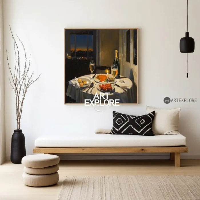 Large American Realism Wall Paintings Large Framed Canvas Art Romantic Candlelight Dinner in New York