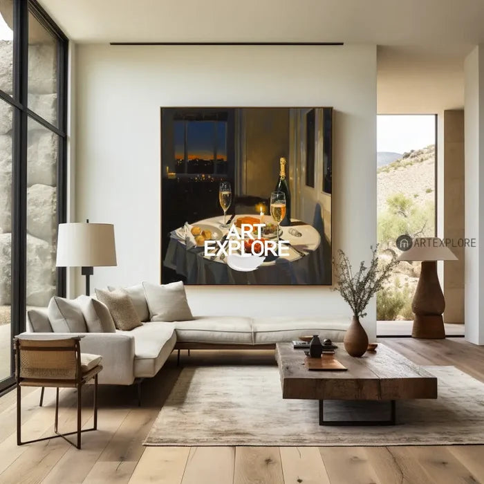 Large American Realism Wall Paintings Large Framed Canvas Art Romantic Candlelight Dinner in New York