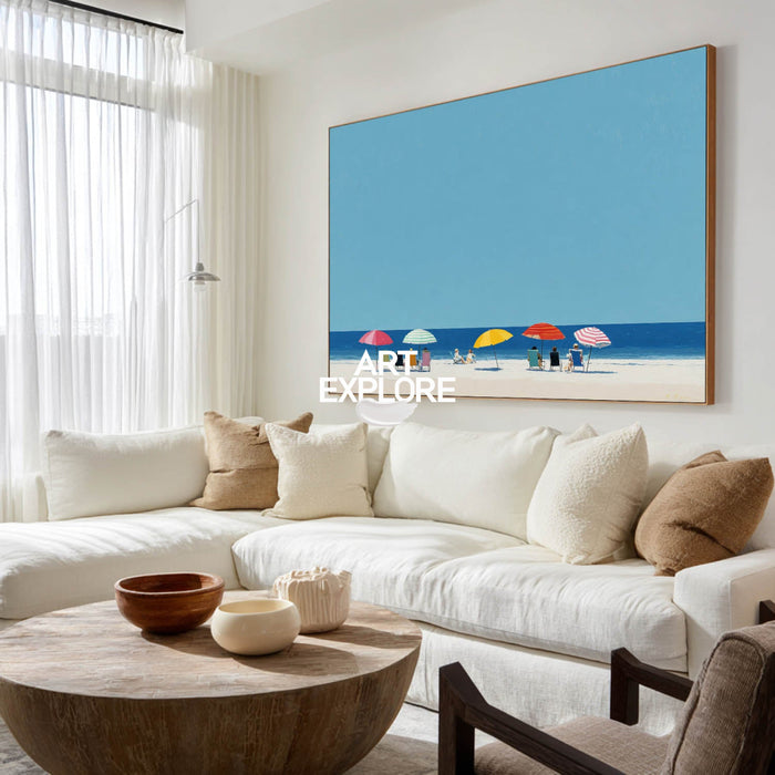 Vibrant Beach Seascape Painting With Colorful Umbrellas For Modern Coastal Home Decor