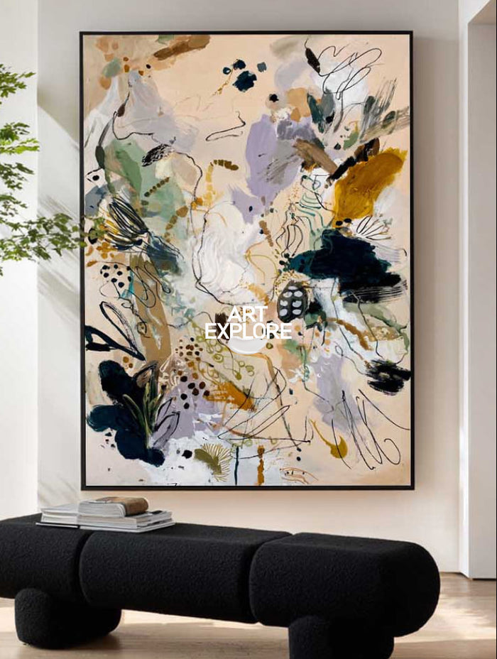 Contemporary Abstract Art Painting In Beige And Gold For Modern Living Room Decor