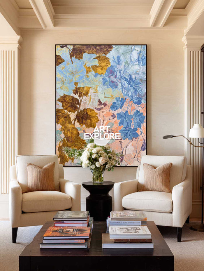 Original Blue And Gold Botanical Abstract Art Painting For Modern Home Decor