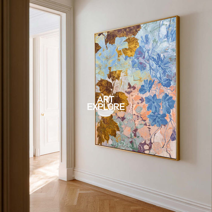 Original Blue And Gold Botanical Abstract Art Painting For Modern Home Decor