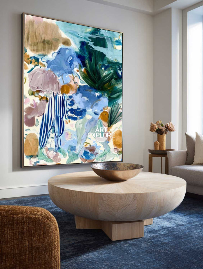 Abstract Blue And Green Floral Canvas Painting Hand-Painted Wall Art For Modern Home