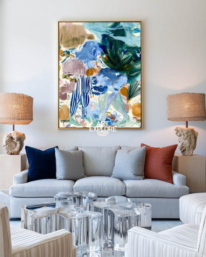 Abstract Blue And Green Floral Canvas Painting Hand-Painted Wall Art For Modern Home