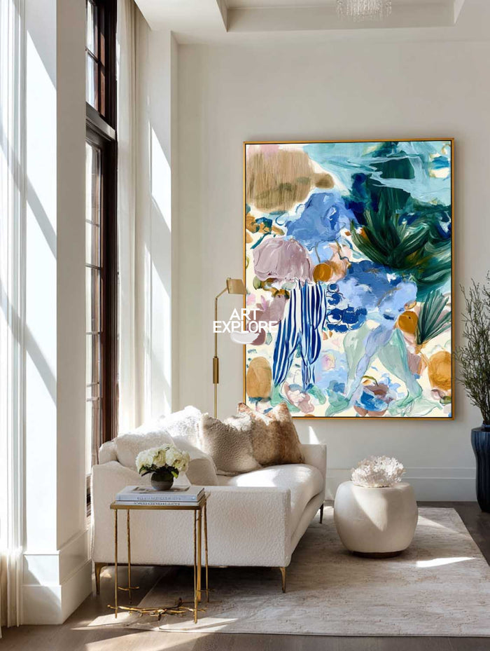 Abstract Blue And Green Floral Canvas Painting Hand-Painted Wall Art For Modern Home