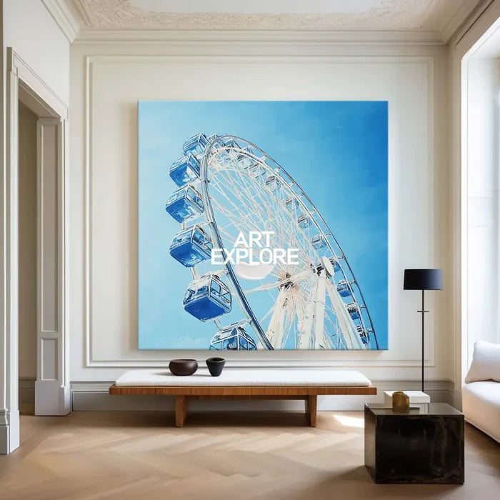 Large Blue Ferris Wheel Art Painting Blue Textured Wall Art Painting Modern Living Room Wall Art