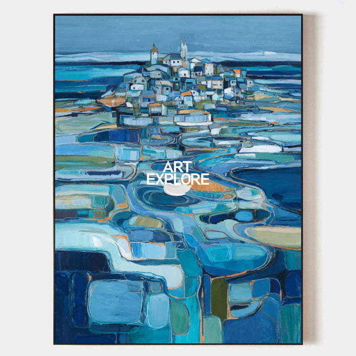 Blue And Orange Abstract Landscape Art With Textured Brushstrokes On Linen Canvas