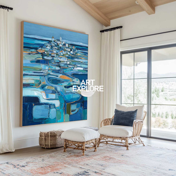 Blue And Orange Abstract Landscape Art With Textured Brushstrokes On Linen Canvas