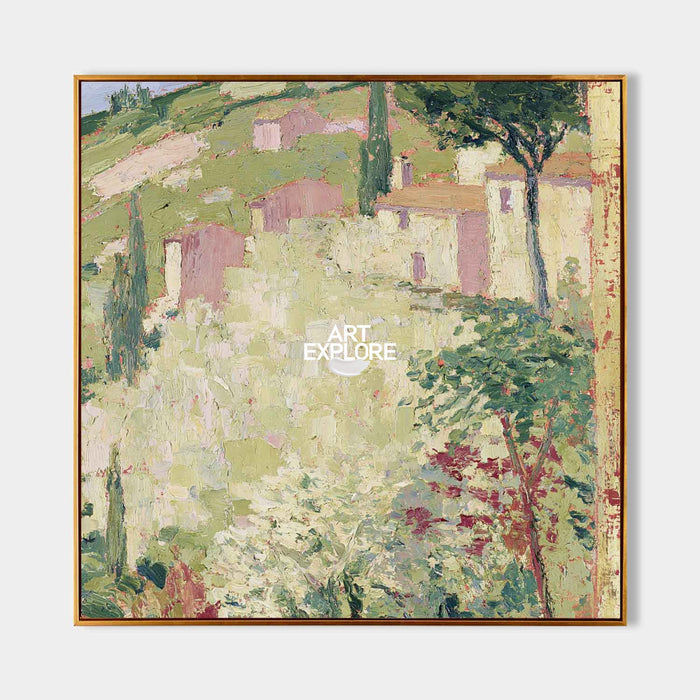 Hand-Painted Countryside Landscape Canvas Art With Green And Yellow Tones