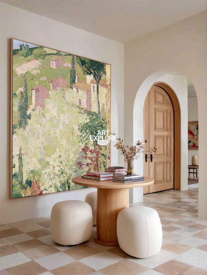 Hand-Painted Countryside Landscape Canvas Art With Green And Yellow Tones
