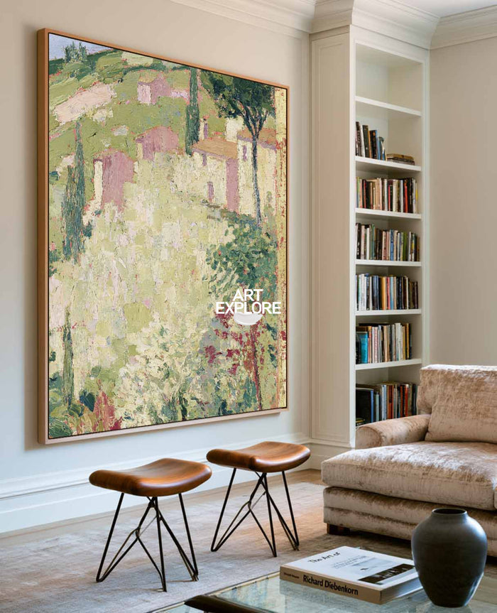 Hand-Painted Countryside Landscape Canvas Art With Green And Yellow Tones