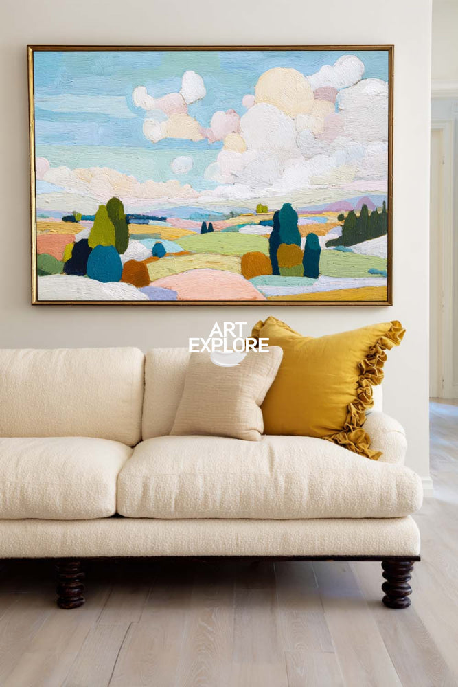 Modern Nature Landscape Painting With Textured Hills For Living Room Decor