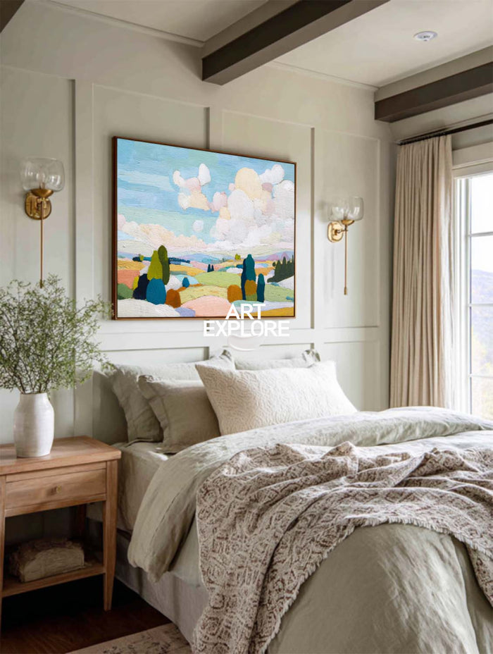 Modern Nature Landscape Painting With Textured Hills For Living Room Decor