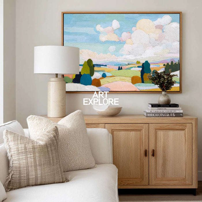 Modern Nature Landscape Painting With Textured Hills For Living Room Decor