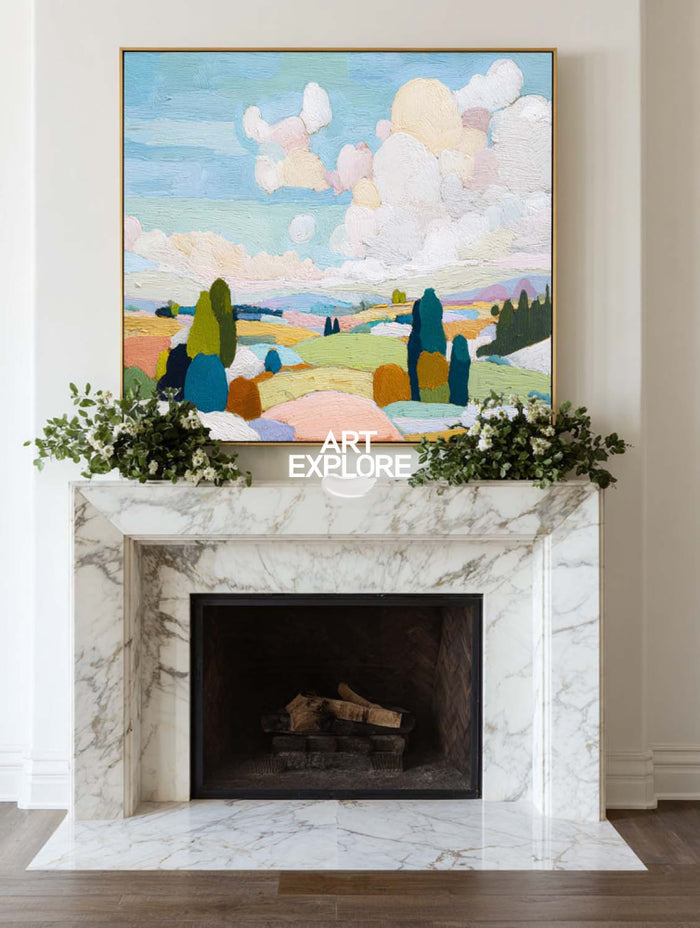 Modern Nature Landscape Painting With Textured Hills For Living Room Decor