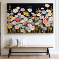 Modern Abstract Floral Painting With Gold Accents On Black Canvas For Living Room Decor