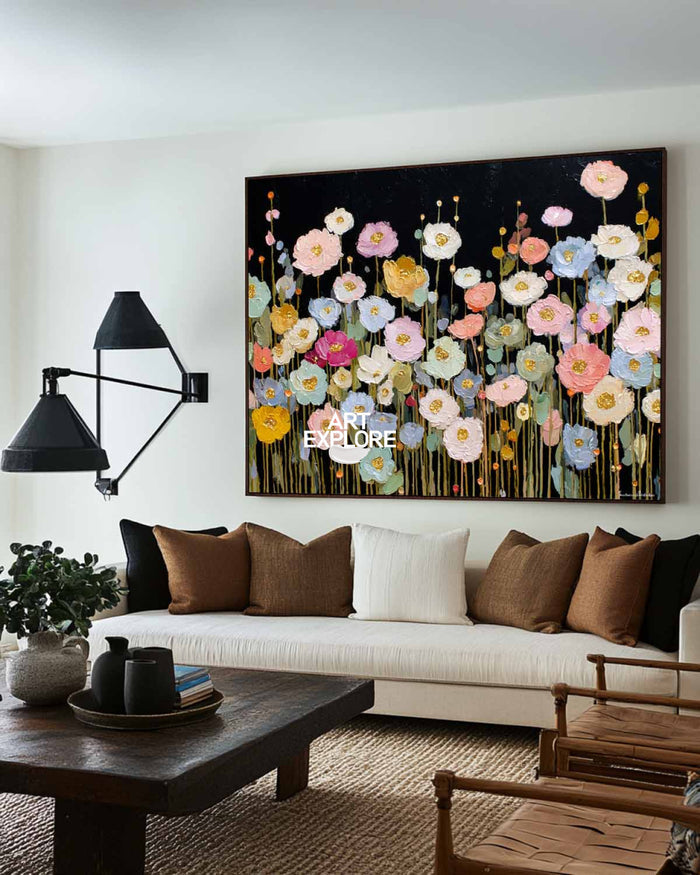 Modern Abstract Floral Painting With Gold Accents On Black Canvas For Living Room Decor