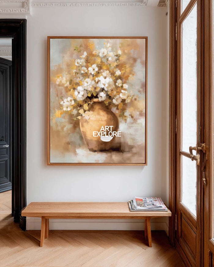 Luxury Abstract Floral Painting Warm Beige Gold Canvas Art For Living Room Decor