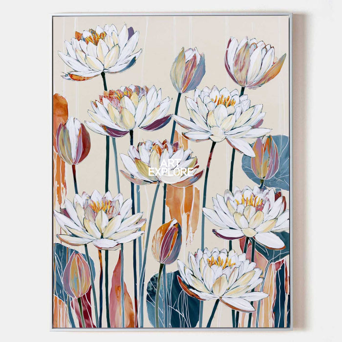 Hand-Painted White Lotus Floral Canvas Art In Beige And Blue Tones