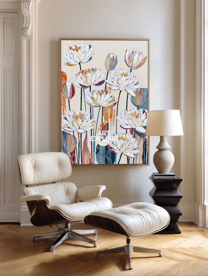Hand-Painted White Lotus Floral Canvas Art In Beige And Blue Tones