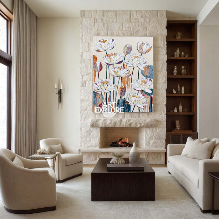 Hand-Painted White Lotus Floral Canvas Art In Beige And Blue Tones