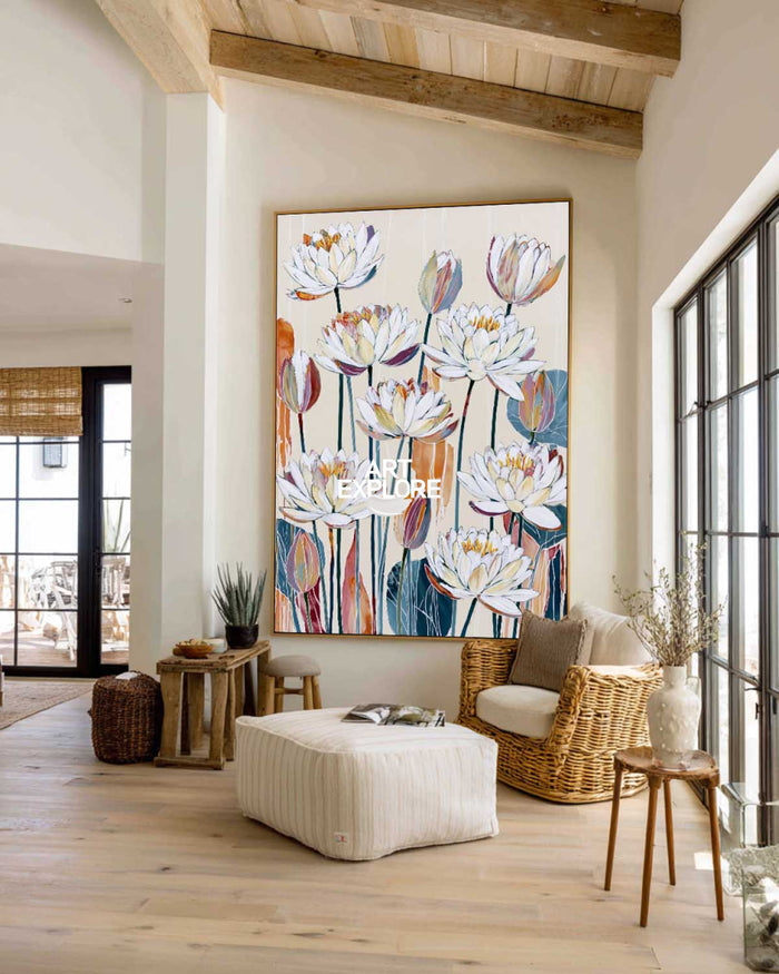 Hand-Painted White Lotus Floral Canvas Art In Beige And Blue Tones