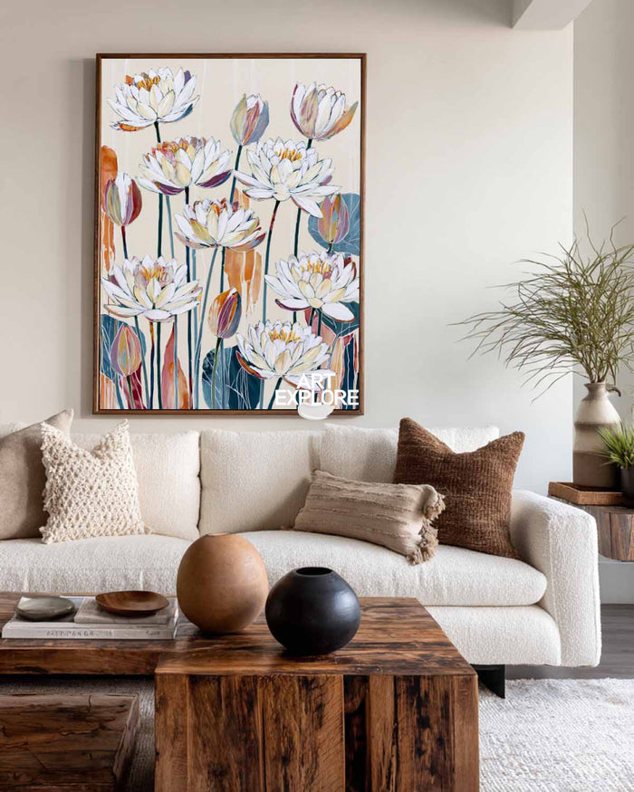 Hand-Painted White Lotus Floral Canvas Art In Beige And Blue Tones