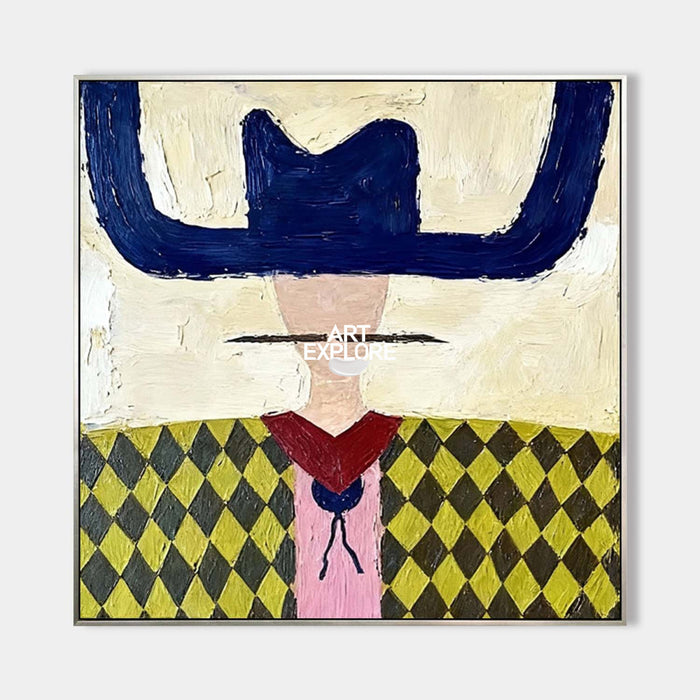 Minimalist Folk Art Painting With Geometric Cowboy In Yellow And Blue For Modern Home Decor