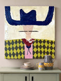 Minimalist Folk Art Painting With Geometric Cowboy In Yellow And Blue For Modern Home Decor