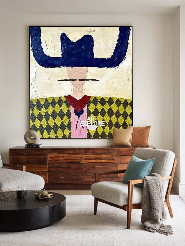 Minimalist Folk Art Painting With Geometric Cowboy In Yellow And Blue For Modern Home Decor