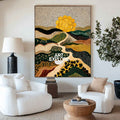 Abstract Landscape Painting Beige And Green With Golden Sun For Modern Living Room Decor