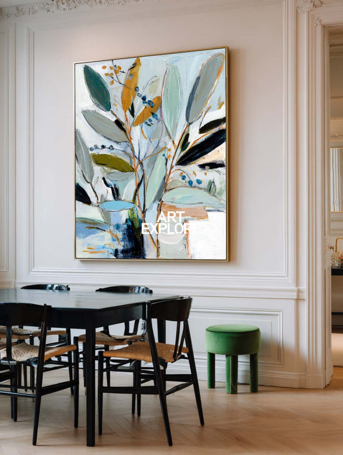 Contemporary Sage & Blue Leaf Painting Large Textured Nature Canvas
