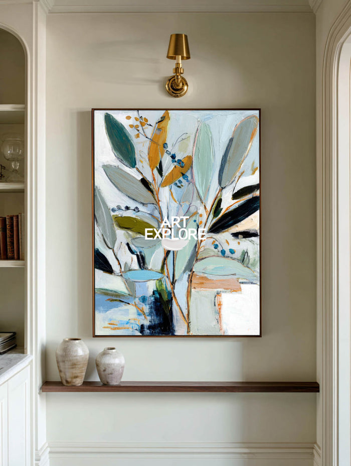 Large Vertical Botanical Art Ready to Hang Blue & Ochre Painting