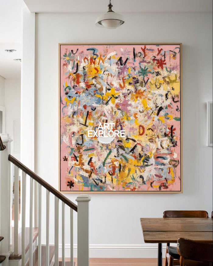 Modern Muse: Large Abstract Landscape with Typographic Accents