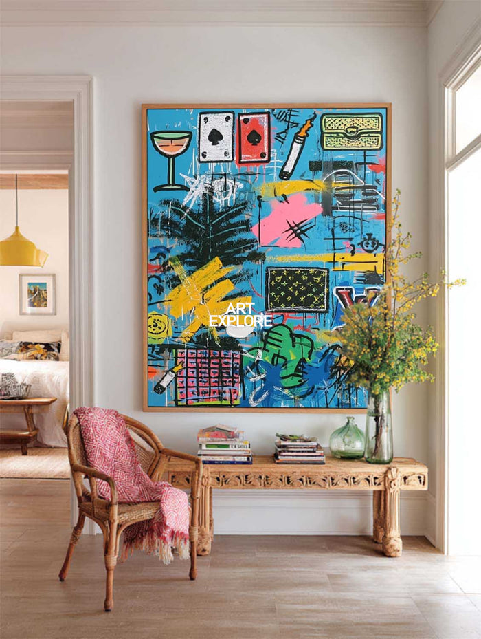 Original Blue Graffiti Art With Pop Culture Icons For Modern Living Room Decor