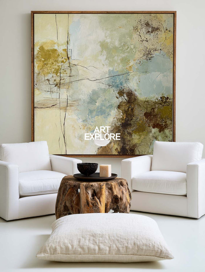 Abstract Modern Green Blue Beige Square Oil Painting On Linen Canvas For Living Room