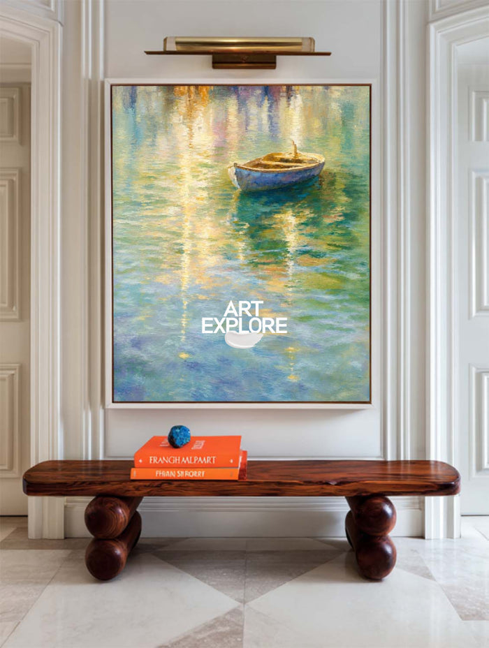 Modern Abstract Rowboat Painting For Living Room With Gold And Blue Tones