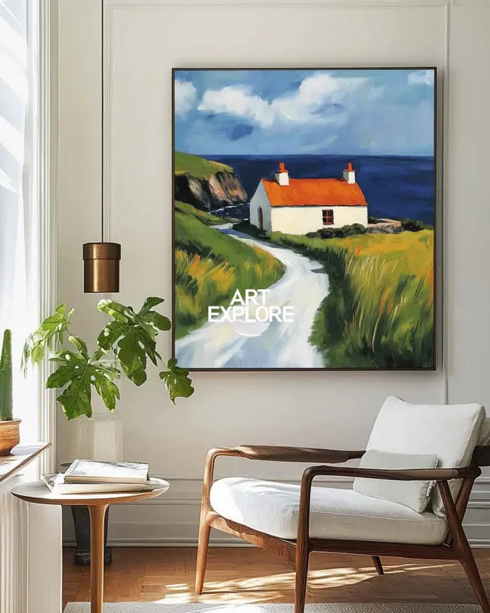 Red Cabin View Wall Art Large Textured Field Scenery Wall Art Modern Fine Art Paintings for Sale