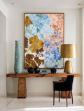 Modern Abstract Floral Painting With Gold Leaves For Living Room Decor
