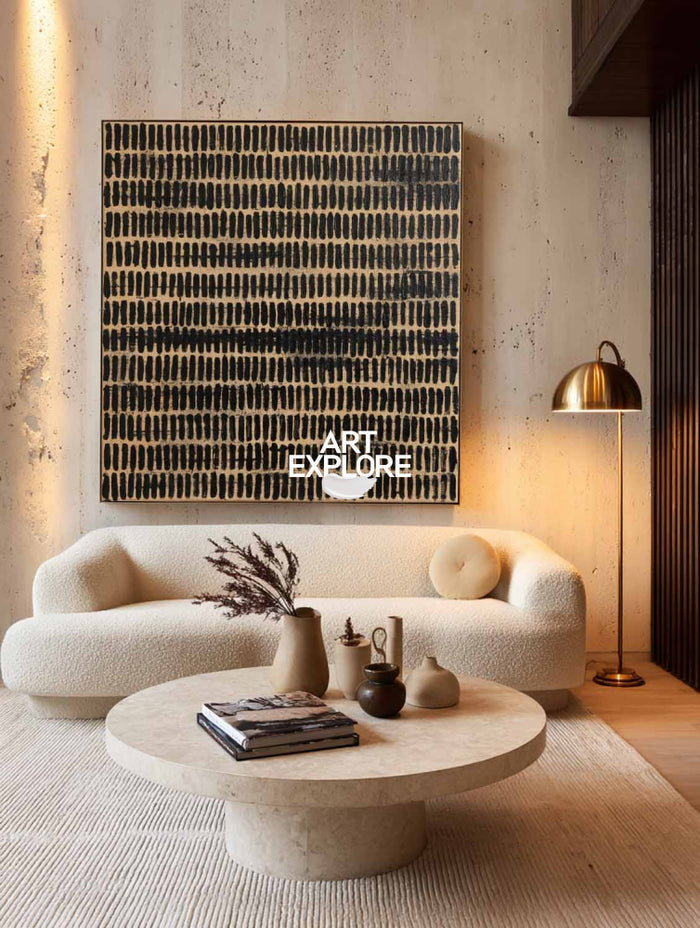 Minimalist Abstract Square Painting With Black Strokes For Modern Home Decor