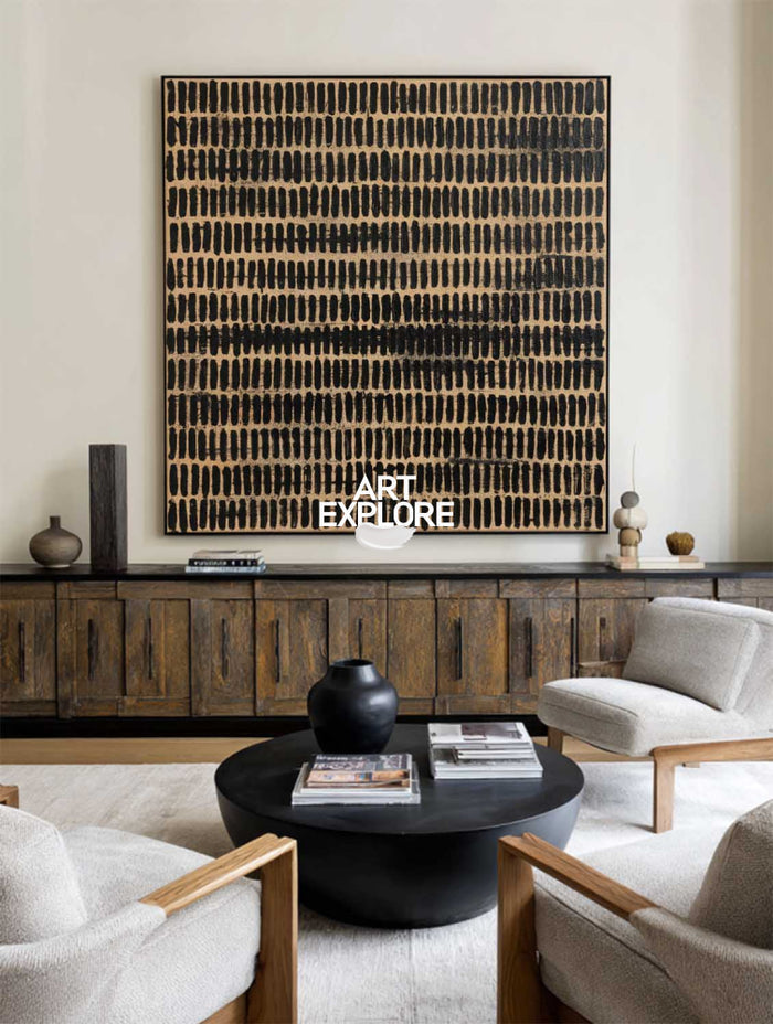Minimalist Abstract Square Painting With Black Strokes For Modern Home Decor