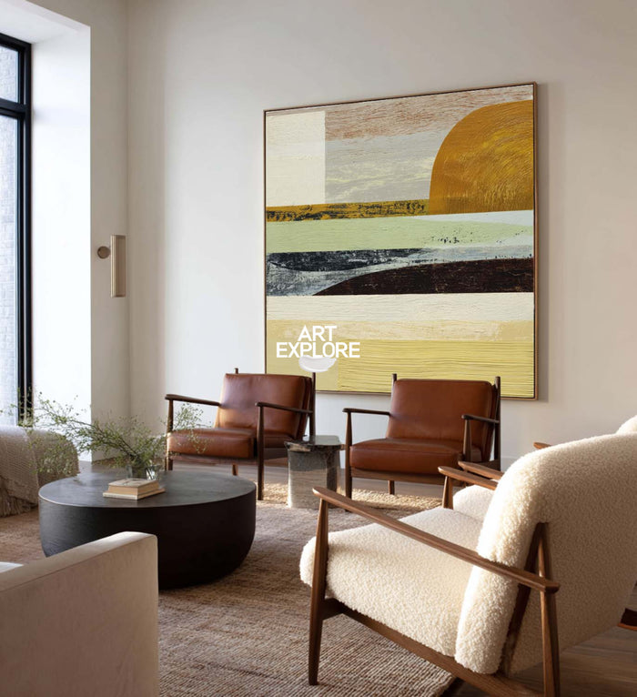Minimalist Square Wall Art In Earth Tones For Elegant Living Room Design