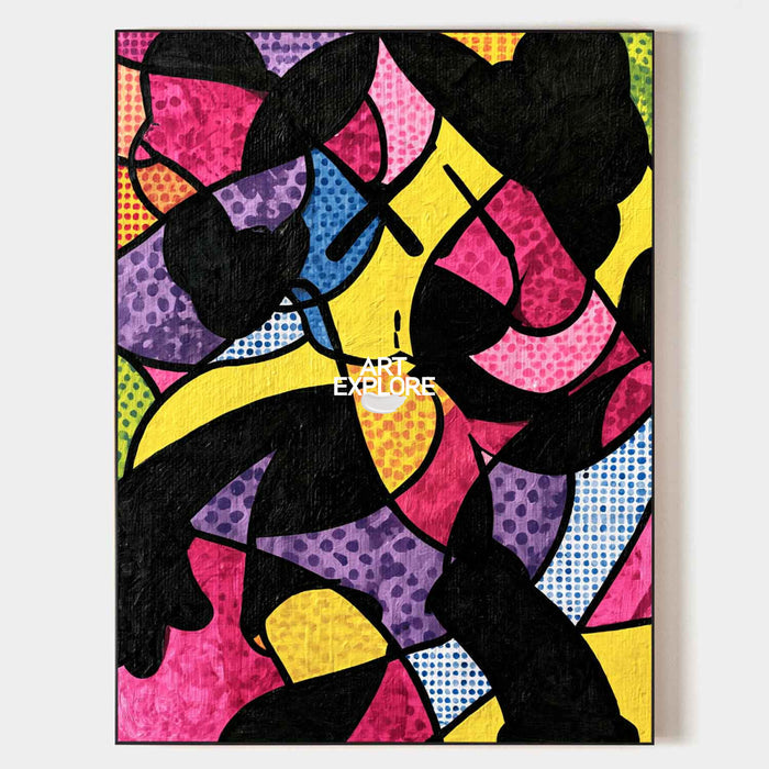 Hand-Painted Abstract Geometric Pop Art Canvas Painting With Pink And Yellow