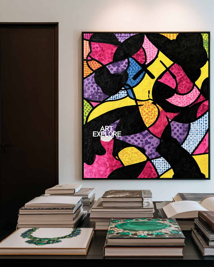 Hand-Painted Abstract Geometric Pop Art Canvas Painting With Pink And Yellow